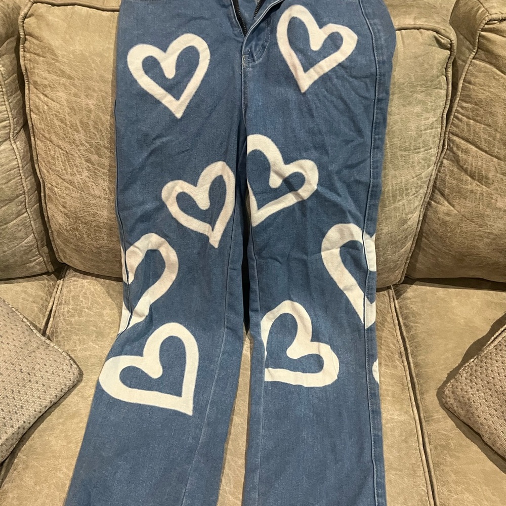 Blue Jeans with White Heart Pattern
